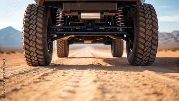 Obraz An all-terrain vehicle traverses a sandy path, leaving tire tracks in the arid landscape. Mountains rise in the distance beneath a clear sky in the Mojave Desert