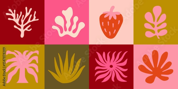 Fototapeta Vector shapes  in simple floral wavy and groovy naive style, ocean and vacation theme,  flowers and plants, floral botanic hand drawn design templates, modern art prints, surface design