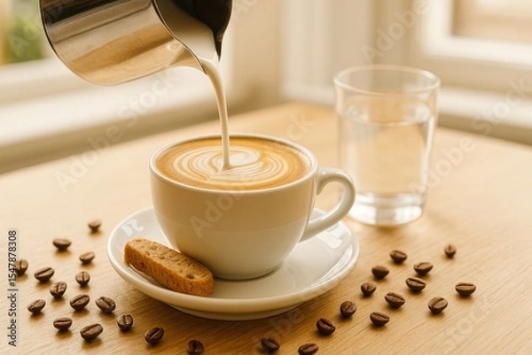 Obraz Milk is being poured from a stainless steel pitcher into a cup of coffee. Coffee beans, a biscotti, and a glass of water sit on the wooden table near a bright window