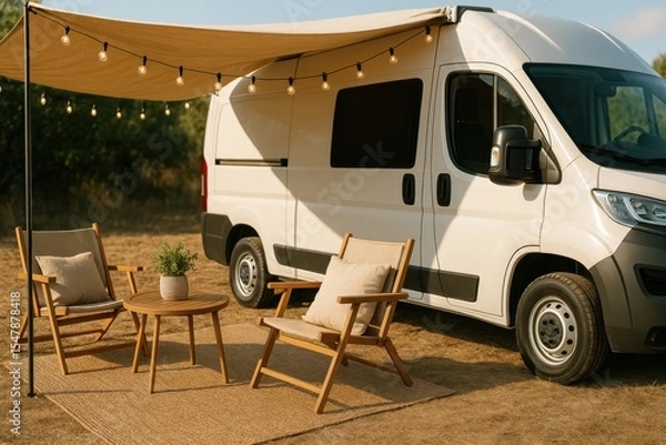 Obraz A white camper van is parked with a cloth awning overhead, decorated with string lights