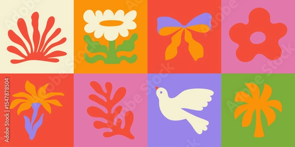 Fototapeta Vector shapes  in simple floral wavy and groovy naive style, ocean and vacation theme,  flowers and plants, floral botanic hand drawn design templates, modern art prints, surface design