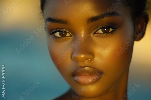 Fototapeta Gorgeous Close-Up of a Model with Luminous Complexion, Minimalist Makeup, and Effortless Hair in a Blurred Outdoor Setting.