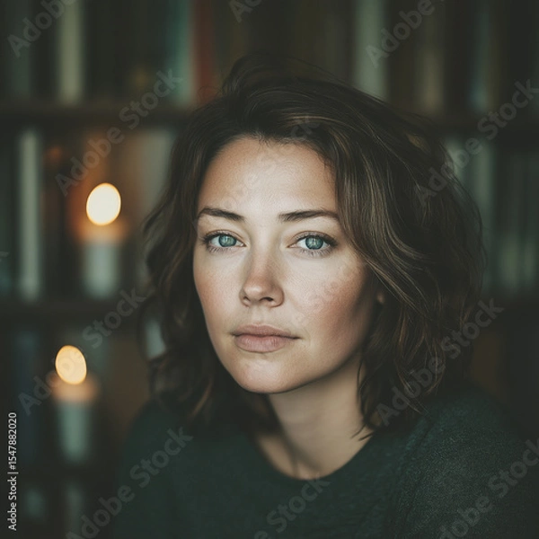 Fototapeta Close-up of a Slavic woman with blue eyes and red earrings in cozy book-filled room