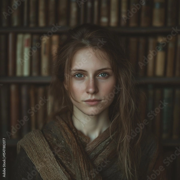 Fototapeta Realistic portrait of a woman with blue eyes and soft lighting near old books
