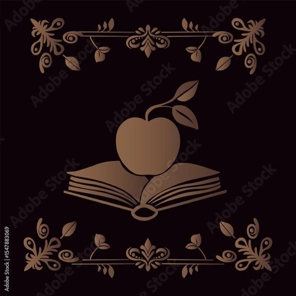 Fototapeta Golden Ornamental Apple. Knowledge and nature. Floral frame with apple and open book. Mystical apple and book.  Symbol of wisdom and growth.