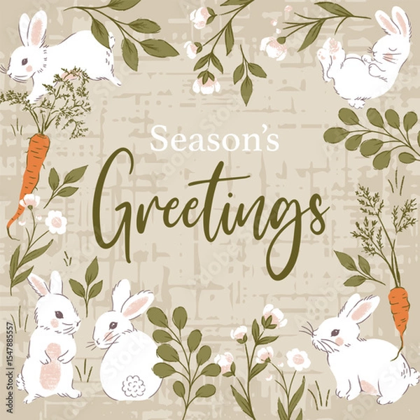 Fototapeta Cute White Rabbits and Botanicals Vector Frame Background