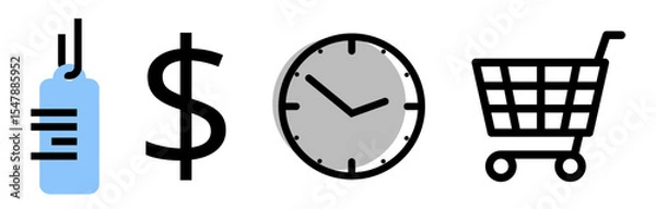 Fototapeta Set of Shopping objects icons: label, dollar sign, clock and shopping cart, on transparent background, flat line design, vector illustration