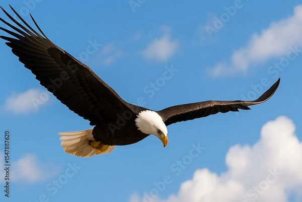 Fototapeta An eagle facing downwards flying in the sky flapping its wings with a view of the clear sky
