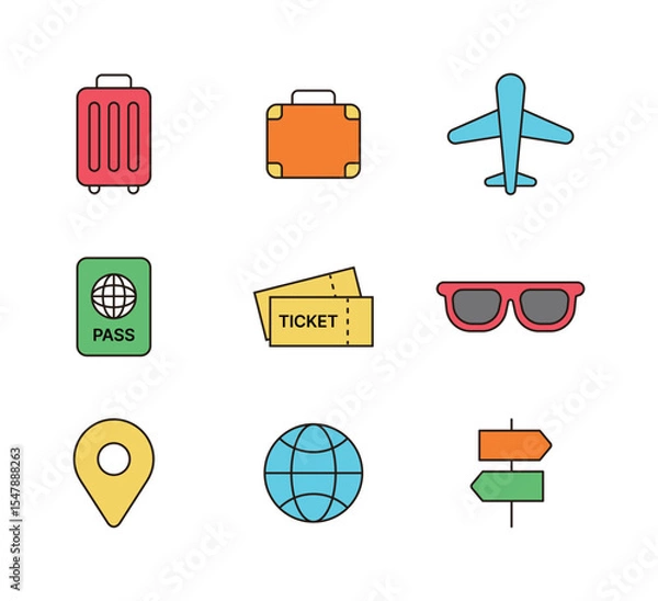 Fototapeta Set of simple and minimal icons of travel concept. Carrier, Airplane, Bag, Passport, Visa, Air ticket, Sunglasses, Global, Location, Signs icons.