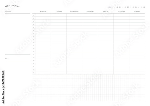 Fototapeta A weekly plan design template in a modern, simple, and minimalist style. Note, scheduler, diary, calendar, planner document template illustration.