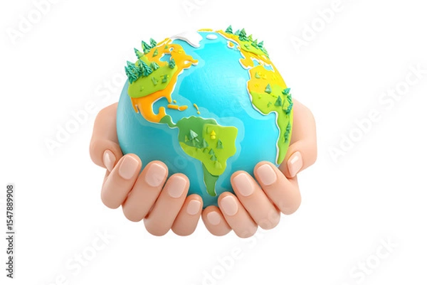 Fototapeta A delightful 3D rendering of hands gently cradling a stylized Earth, isolated on a transparent background. environmental protection, global responsibility, and sustainable living.