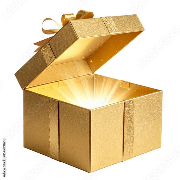 Fototapeta Golden holiday gift box with opened lid and glowing light inside isolated on transparent background PNG