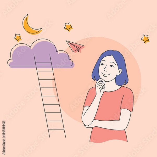 Fototapeta Happy young girl dreaming about the future flat line vector illustration.