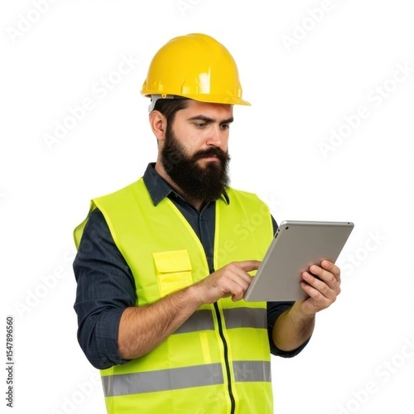 Obraz Construction worker using tablet isolated on white background