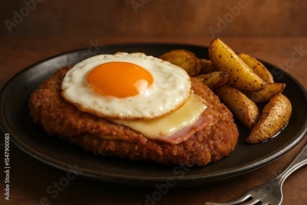 Fototapeta Argentine milanesa with ham, cheese and fried egg served with rustic potato wedges
