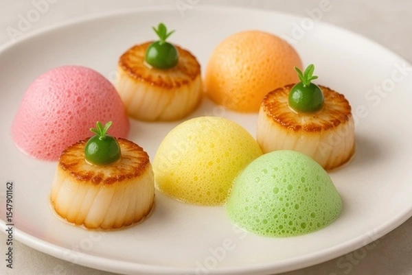 Obraz Elegant and Colorful Gourmet Desserts on a Plate, Featuring Unique Foam Textures and Shapes