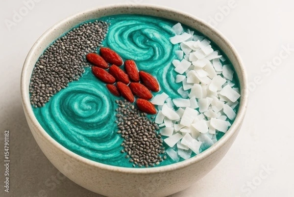 Obraz Colorful Healthy Smoothie Bowl with Chia Seeds, Almonds, Coconut Flakes and Spirulina Swirls