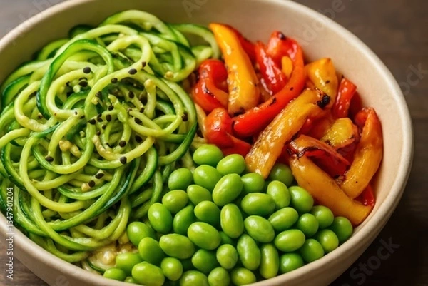 Obraz Fresh Vegetable Bowl with Zucchini Noodles, Edamame, and Grilled Red Peppers