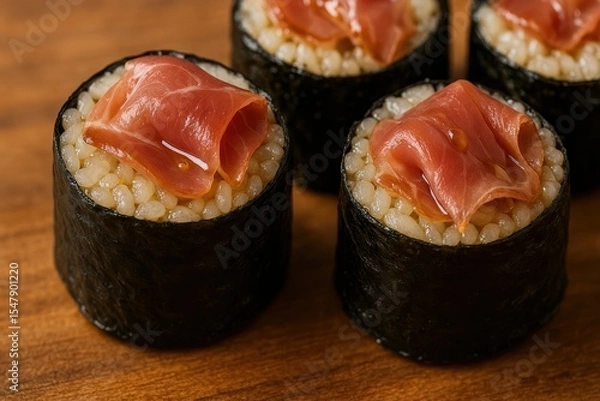 Fototapeta Savory Sushi Rolls with Delicate Slices of Meat on a Wooden Surface