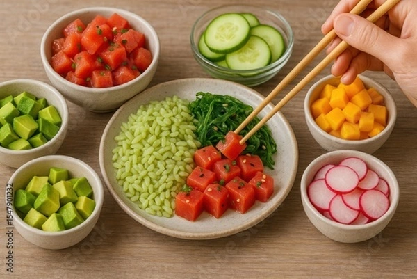 Fototapeta Fresh Fruits and Vegetables Arranged in Bowls with Hand Holding Chopsticks for Healthy Meal