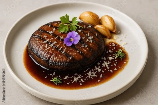 Obraz Grilled Portobello Mushroom with Garnish of Vegetables and Herbs on a White Plate