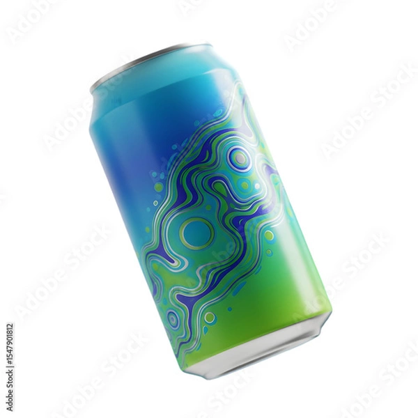 Fototapeta A single soda can with a blue and green design floating in a black background on a slight angle