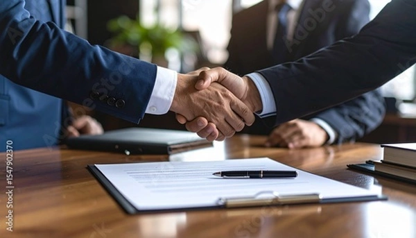 Fototapeta Realistic photo of two executives shaking hands over a contract on a signing table, with pens, documents, and legal folders present, symbolizing a signed deal or partnership