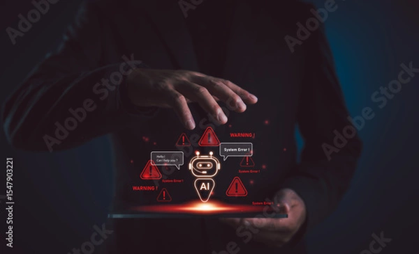 Obraz AI chatbot error concept illustrating system malfunction and warning signs. Ideal for depicting artificial intelligence risks, ethics issues and virtual assistant failures.