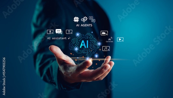 Obraz AI agents and assistant concept showing multiple digital tools powered by artificial intelligence, perfect for illustrating productivity, automation and next-gen smart solutions.
