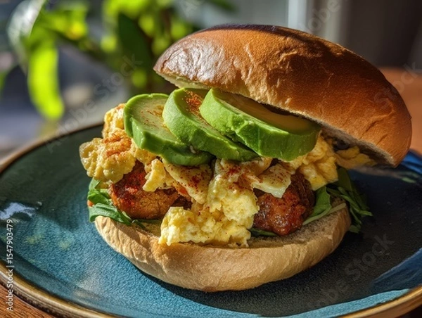 Fototapeta A delectable breakfast sandwich featuring fluffy scrambled eggs, ripe avocado slices, and juicy sausage patty on a fresh bun, served on a ceramic plate with natural lighting.