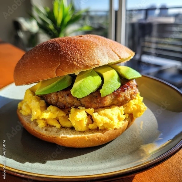 Fototapeta A delectable breakfast sandwich featuring fluffy scrambled eggs, ripe avocado slices, and juicy sausage patty on a fresh bun, served on a ceramic plate with natural lighting.