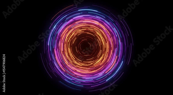 Obraz Abstract Neon Vortex: An abstract image features a mesmerizing vortex of vibrant neon lights, swirling in concentric circles of pink, orange, and blue hues against a stark black background.