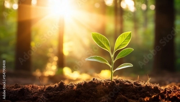 Fototapeta seedling sprout in soil sunlit forest backdrop