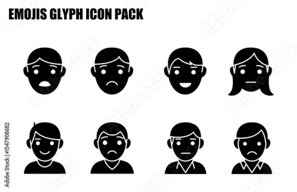 Obraz Emoji glyph icon pack depicting various emotions. Diverse male and female icons displaying different facial expressions against a plain white background.