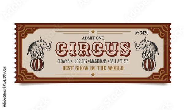 Fototapeta retro circus ticket template with elephants on a ball in red and yellow colors