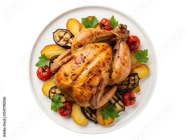 Fototapeta Perfectly Roasted Whole Chicken with Grilled Vegetables and Potatoes on White Plate – Isolated on Transparent Background