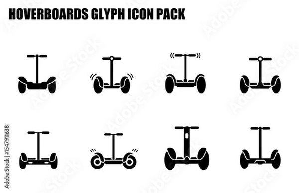 Fototapeta Hoverboard glyph icon pack showing various views of the device. Multiple views of hoverboards in a flat design style with a white background.
