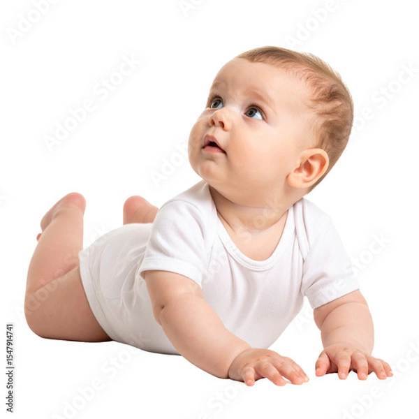 Fototapeta Playful Baby Lying on Tummy and Looking Up, Transparent PNG