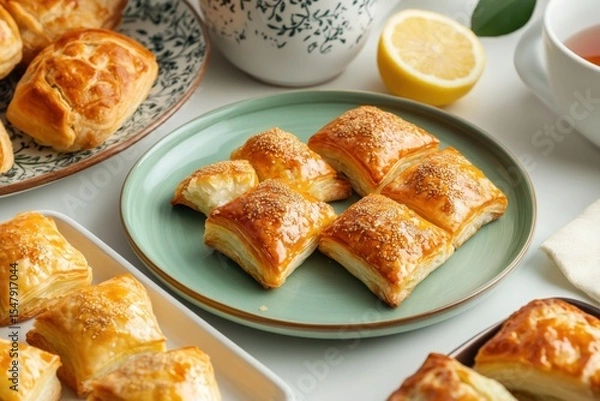 Fototapeta Golden Puff Pastry Squares: Delicate golden puff pastry squares, arranged on a teal plate, alongside other pastries and a cup of tea. A lemon adds a vibrant touch to this delightful teatime scene.