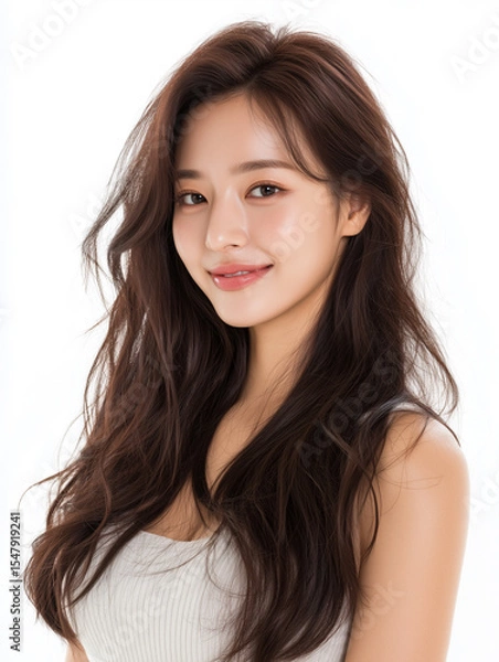 Fototapeta Portrait of a beautiful Asian woman with long hair, fair skin and a happy smile posing for a photo in front of a white background. She smiles gracefully for beauty salon, 