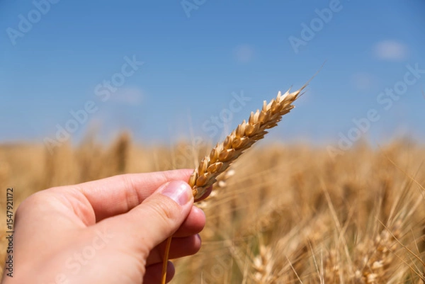 Obraz A woman's hand holding a single ear of ripe wheat with a golden field and blue sky in the background.Farmer inspecting a golden wheat spikelet. Close-up on a hand in a field during the harvest season.