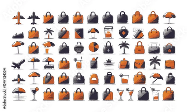 Fototapeta Modern vector illustration set titled Travel and Vacation Icon collection, transport, and beach leisure. Include elements such as airplanes, luggage, beachwear, maps, hotel buildings, easily editable.
