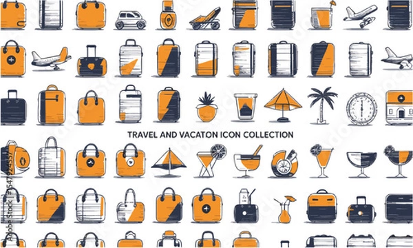 Fototapeta Modern vector illustration set titled Travel and Vacation Icon collection, transport, and beach leisure. Include elements such as airplanes, luggage, beachwear, maps, hotel buildings, easily editable.