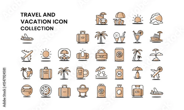 Fototapeta Modern vector illustration set titled Travel and Vacation Icon collection, transport, and beach leisure. Include elements such as airplanes, luggage, beachwear, maps, hotel buildings, easily editable.