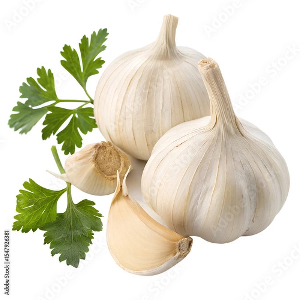 Fototapeta Garlic bulbs and clove are shown isolated against a transparent backdrop with some green parsley leaves for natural decoration.