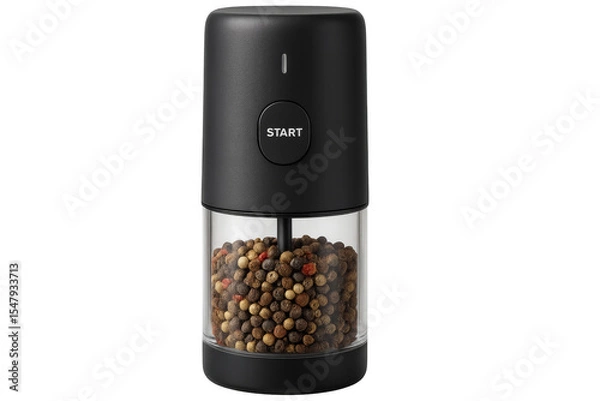 Obraz Modern electric pepper mill with peppercorns on transparent background