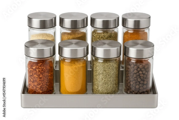 Obraz Glass spice jars with metal lids holding various spices on a tray with transparent background