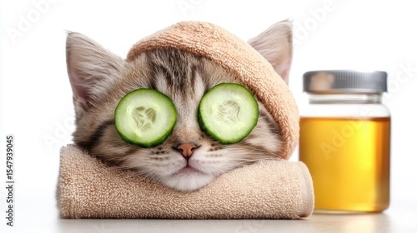 Obraz Funny kitten with slices of cucumber on it eyes and with towel on it head stands in front view. isolated on white background. Adorable feline playfully adorned with cool vegetable slices
