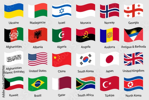 Obraz World country flags collection. Waving Flag icons. Vector set of 24 waving national flags including USA, UK, China, Japan, Brazil, Israel, South Korea and more. Global countries flag vector icons set.