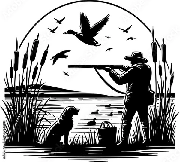Obraz Classic Duck Hunting Scene: Hunter, Dog, and Waterfowl. Black and white illustration captures a hunter aiming at ducks over a lake, accompanied by his loyal dog and surrounded by a marshland environme